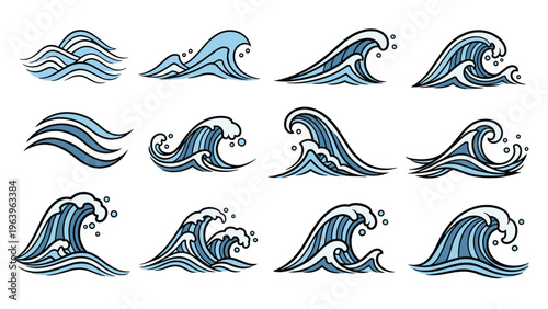 Variety of blue ocean waves in a thick outline comic style showing different crests, splashes, and dramatic movement.
