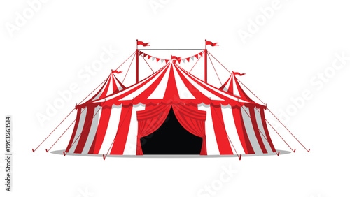 Classic red and white striped circus tent with multiple peaks and colorful flags in a festive celebration design.