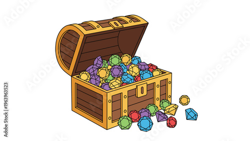 Wooden treasure chest filled with colorful faceted gems and diamonds spilled out on a plain white background.