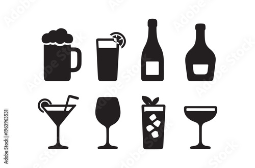 Collection of black silhouette icons depicting various alcoholic beverages