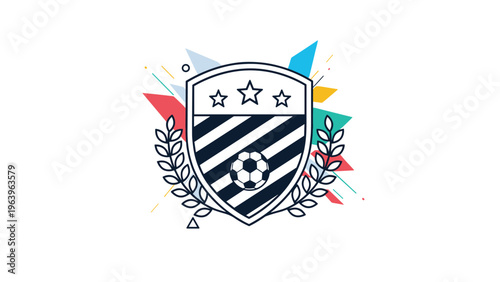 Modern soccer club emblem with a shield, football, stars, and laurel wreath over a colorful abstract background.
