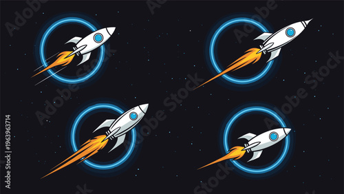 Cartoon rocket ships soaring through the dark night sky with bright blue circular energy trails and fiery exhaust flames in outer space.
