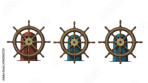 Three wooden ship steering wheels or helms presented in different base colors like red and blue for nautical and maritime navigation concepts.