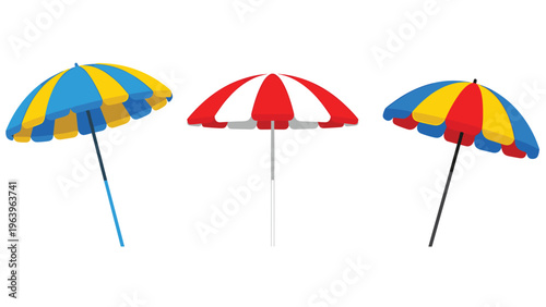 Three colorful beach umbrellas featuring striped patterns in blue yellow and red white to provide shade during summer vacations on the sand.