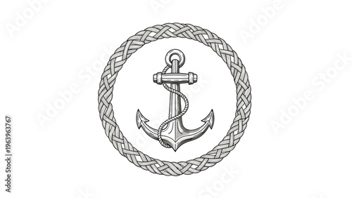 Detailed vintage style illustration of a nautical anchor wrapped in a rope and framed by a circular braided rope border on a white background.