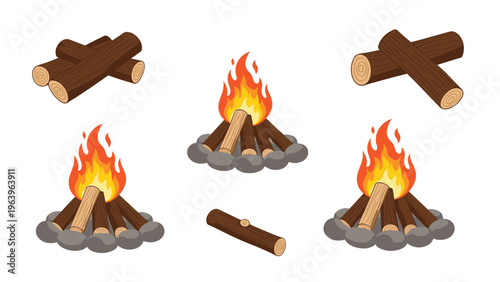 Set of campfire illustrations with burning logs over stones and various wood stacking arrangements for outdoor camping.