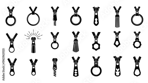 Variety of black zipper slider icons with different puller shapes and styles displayed on a plain white background.
