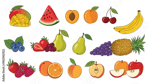 Diverse collection of colorful fruit illustrations including watermelon, banana, pineapple, grapes, and berries for healthy design.