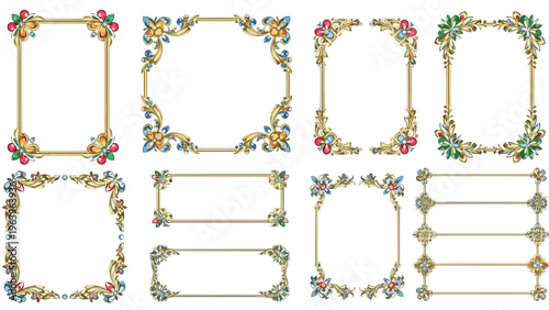 Collection of ornate golden picture frames decorated with colorful gemstones and vintage floral design elements.