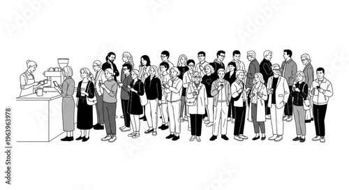 A diverse group of people standing together in a line, some looking towards a counter.