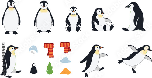 Cute Penguin Cartoon Character Set with Different Poses, Walking Sitting and Winter Accessories, Adorable Arctic Animal Collection for Kids Illustration and Vector Design