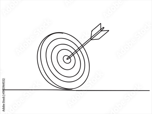 Target with arrow hitting bullseye on continuous line goal achievement vector illustration