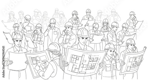 A crowd of people reading newspapers in a busy setting, black and white sketch.
