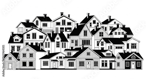A collection of various houses in a black and white illustration.