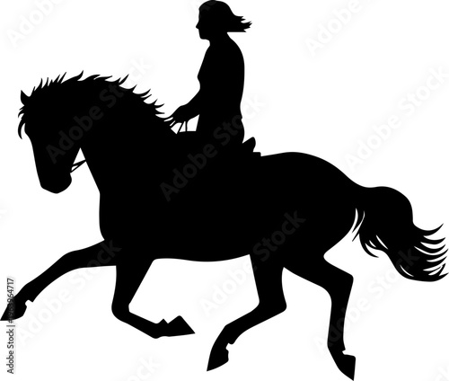 Black Silhouette of a Woman Riding a Horse Galloping in Profile Vector Illustration Isolated on White Background