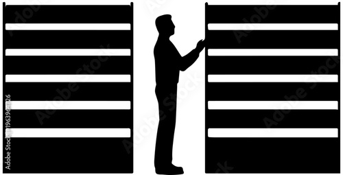 Black Silhouette of a Man Reaching for an Empty Shelf in a Warehouse or Supermarket Vector