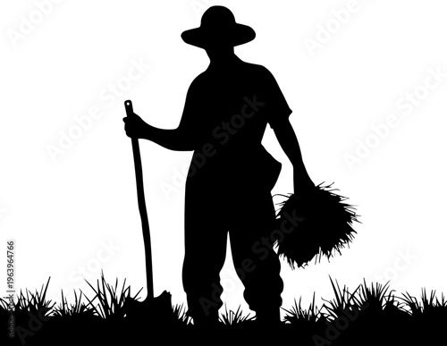 Black Silhouette of a Farmer with Straw Hat Holding a Garden Tool and Bundle of Crops Isolated on White Background Vector