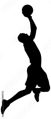 Black Silhouette of a Basketball Player Jumping for a Layup Isolated on White Background