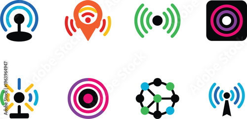 Wireless signal icons set with radar location pin wifi waves connectivity network communication symbols modern flat vector design