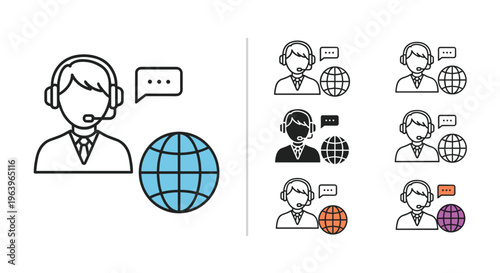 Customer support representative icon set featuring a man with a headset next to a globe in various colors and styles for business.