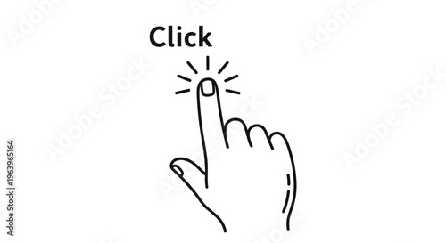 Human hand with a finger pointing up and clicking a button indicated by radial lines and the word click above it in line art.