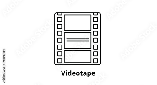 Vintage videotape film reel icon depicted in a simple line art style with a label at the bottom for multimedia storage concept.