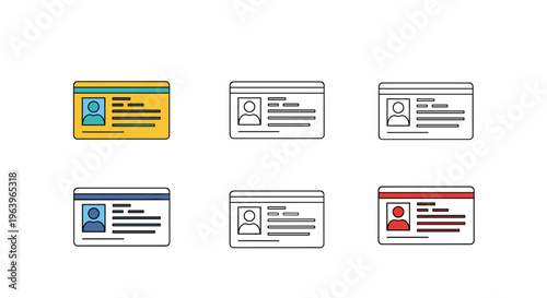 Identification cards or id badges set in different colors and formats featuring user photo profile and personal information.