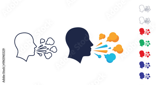 Human head silhouette in various styles and colors showing particles being exhaled through coughing or sneezing for health.