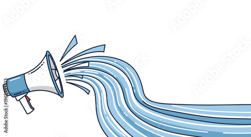 Megaphone or loudspeaker illustration releasing vibrant blue waves representing audio projection sound frequency or public speech.
