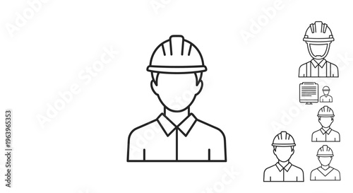 Construction worker icons collection featuring a man in a hard hat and safety vest in various sizes and line art styles for work.