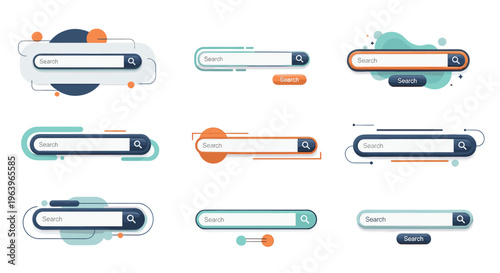 Collection of diverse search bar user interface elements with different color schemes and styles for website and mobile app navigation.