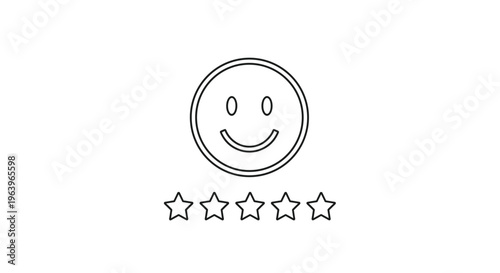 Minimalist line art icon featuring a smiling face and five stars representing high customer satisfaction and top quality service ratings.
