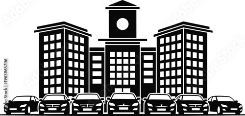 Car dealership building with vehicles lineup, automotive showroom concept, urban transport business illustration, auto sales service isolated on white background