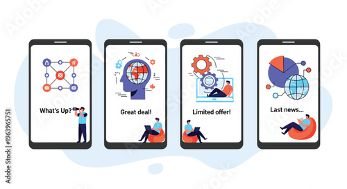 Mobile app interface screens showing various business marketing messages including limited offers and the latest news updates.