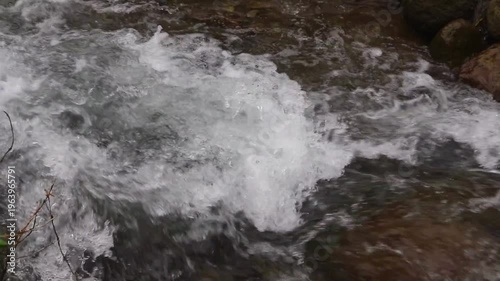 Clear river flow with refreshing scenery, showing crystal water, natural stones, and calming atmosphere in a serene tropical landscape