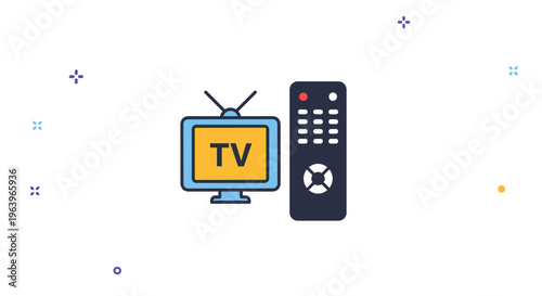 Home entertainment system flat icon set featuring a blue television screen and a detailed dark grey remote control unit.