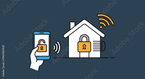 Smart home security concept illustration showing a smartphone app being used to remotely unlock a secure house via wireless signal.