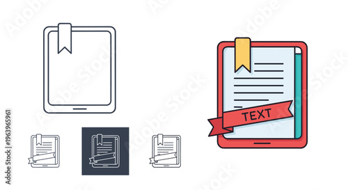 Digital document and tablet icons with ribbons and bookmarks in several variations for educational and professional reading apps.