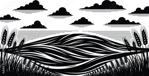 Wheat field landscape silhouette with clouds and flowing lines, agriculture nature scene illustration, rural farming concept isolated on white background