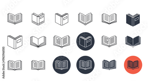 Extensive library of book icons in various orientations and styles ranging from simple line art to solid colored circle icons.