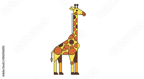 Stylized geometric illustration of a giraffe, featuring abstract shapes and patterns in shades of yellow and brown, standing upright, on a white background.