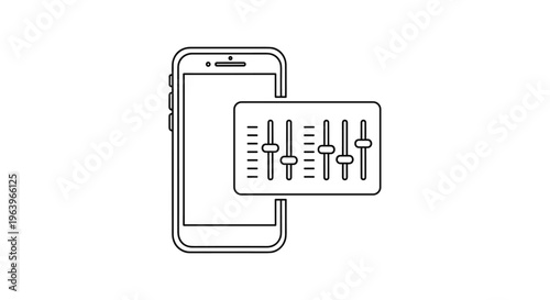 Technical equalizer settings icon showing a smartphone with a sliding control panel for audio and visual system adjustments.