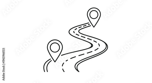 Travel route icon featuring a winding road with two location pin markers representing the start and end of a journey or trip.