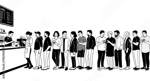 A diverse group of people patiently waiting in a long queue at a coffee shop counter.