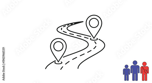 Road path graphic with two location pins and a small family icon represents travel planning, family trips, and navigation between two specific points.