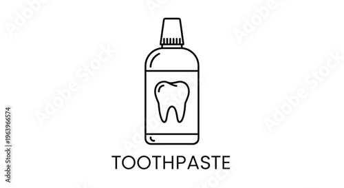 Toothpaste bottle icon with a tooth symbol on the label represents oral hygiene products and dental care routines in a clean black and white outline.