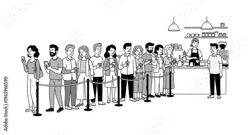 A diverse group of people patiently waiting in a long queue at a counter.