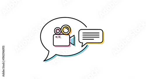 Video camera icon inside a speech bubble with message lines represents video conferencing, digital vlogging, and visual communication technology tools.