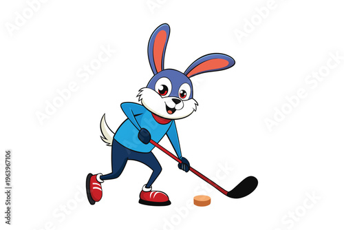 Cute rabbit playing ice hockey with stick and puck cartoon vector.