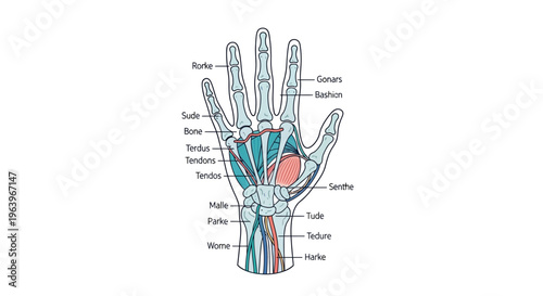 Comprehensive anatomical diagram illustrating the intricate internal structure of the human hand, detailing the network of bones, tendons, nerves, and arteries for educational and medical study